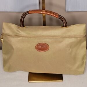 Longchamp Tan With Brown Leather Accent Hand Bag With Rope Handle